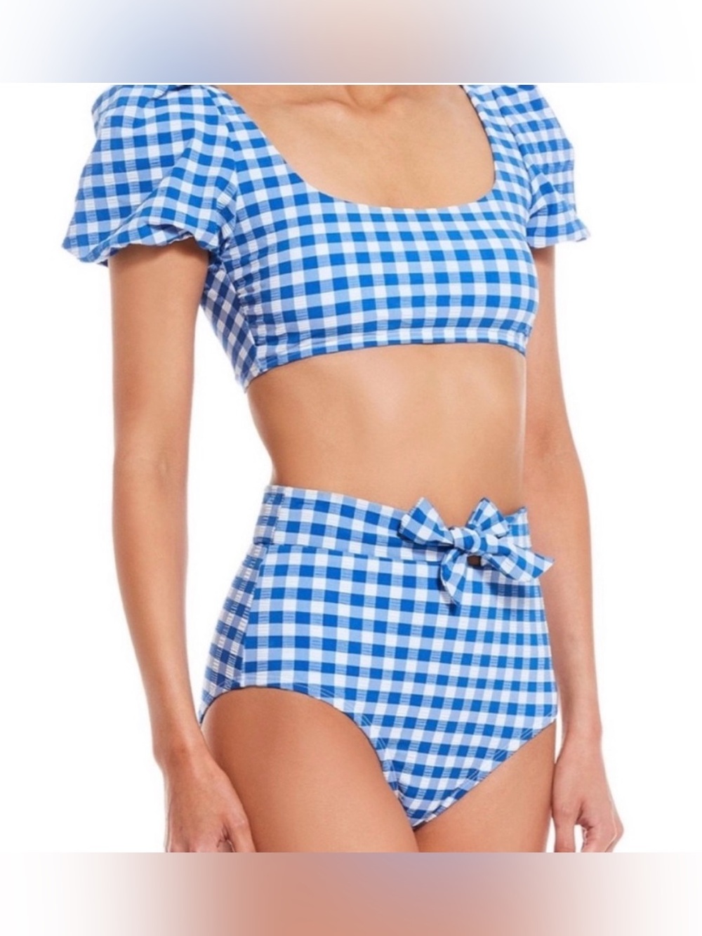 Gianni Bini Blue and White Gingham High Rise Puff Sleeve Bikini Swimsuit Size M - Picture 1 of 12
